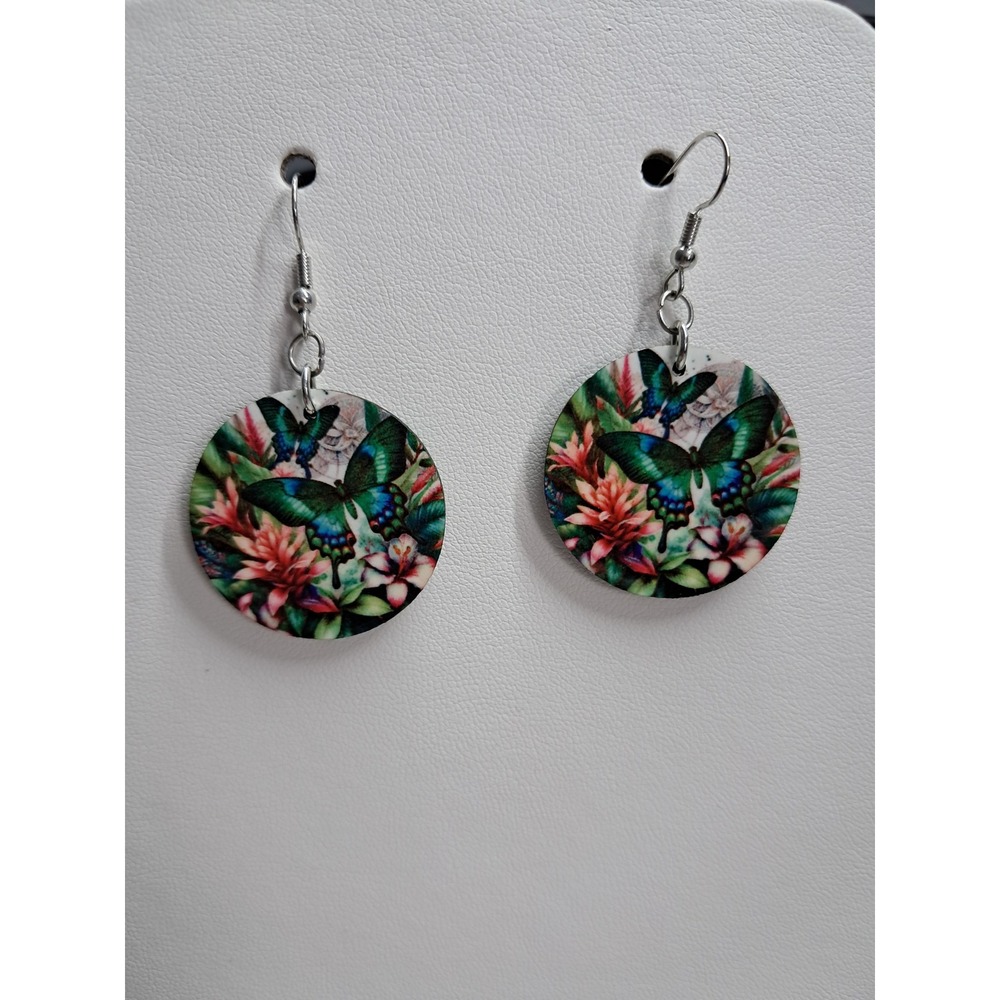 Butterfly Floral Round Drop Earrings Teal Green Pink Nature Inspired‎ Dangle